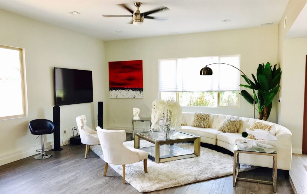 Staged living room with furniture placed by a home staging team before listing photos