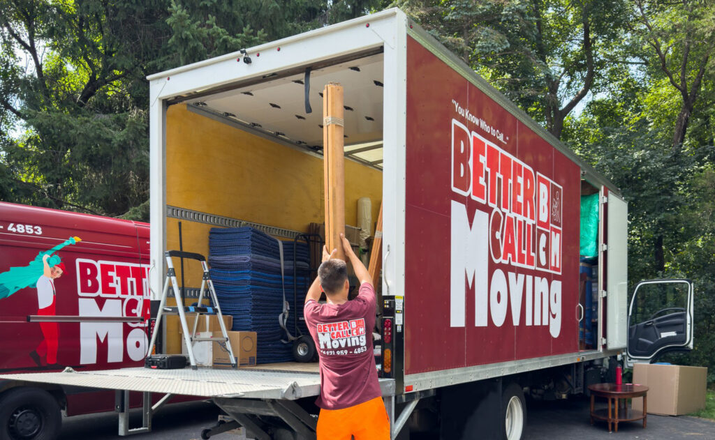 Better Call Moving trucks of different sizes prepared with blankets, dollies, and equipment for a staging project