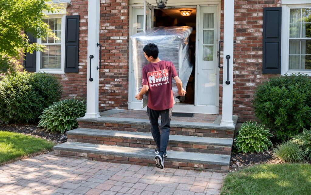 Better Call Moving crew carefully carrying wrapped furniture through the front door of a brick home